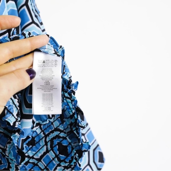 Michael Kors blue top XS geometric print elastic waist band y2k blouse 70s 1970 - Picture 4 of 5